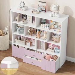 Kids Bookcase Toy Storage Organizer, Wood Toy Cabinet of 7 Cubes & 4 Drawers, Bookshelf for Kids Room, Pink