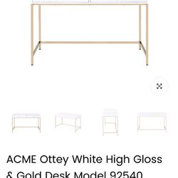 Otto White High Gloss And Gold Desk Brand New