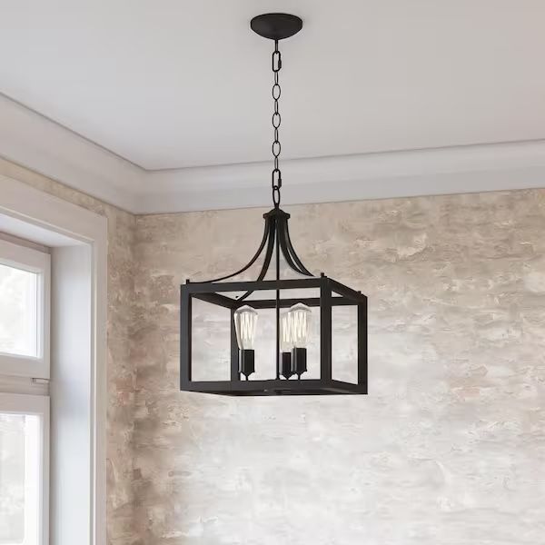 3-Light Distressed Black Farmhouse Square Pendant Chandelier for Kitchens