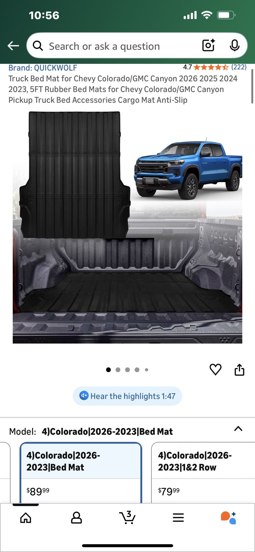 Truck Bed Mat for Chevy Colorado/GMC Canyon 2026 2025 2024 2023, 5FT Rubber Bed Mats for Chevy Colorado/GMC Canyon Pickup Truck Bed Accessories Cargo