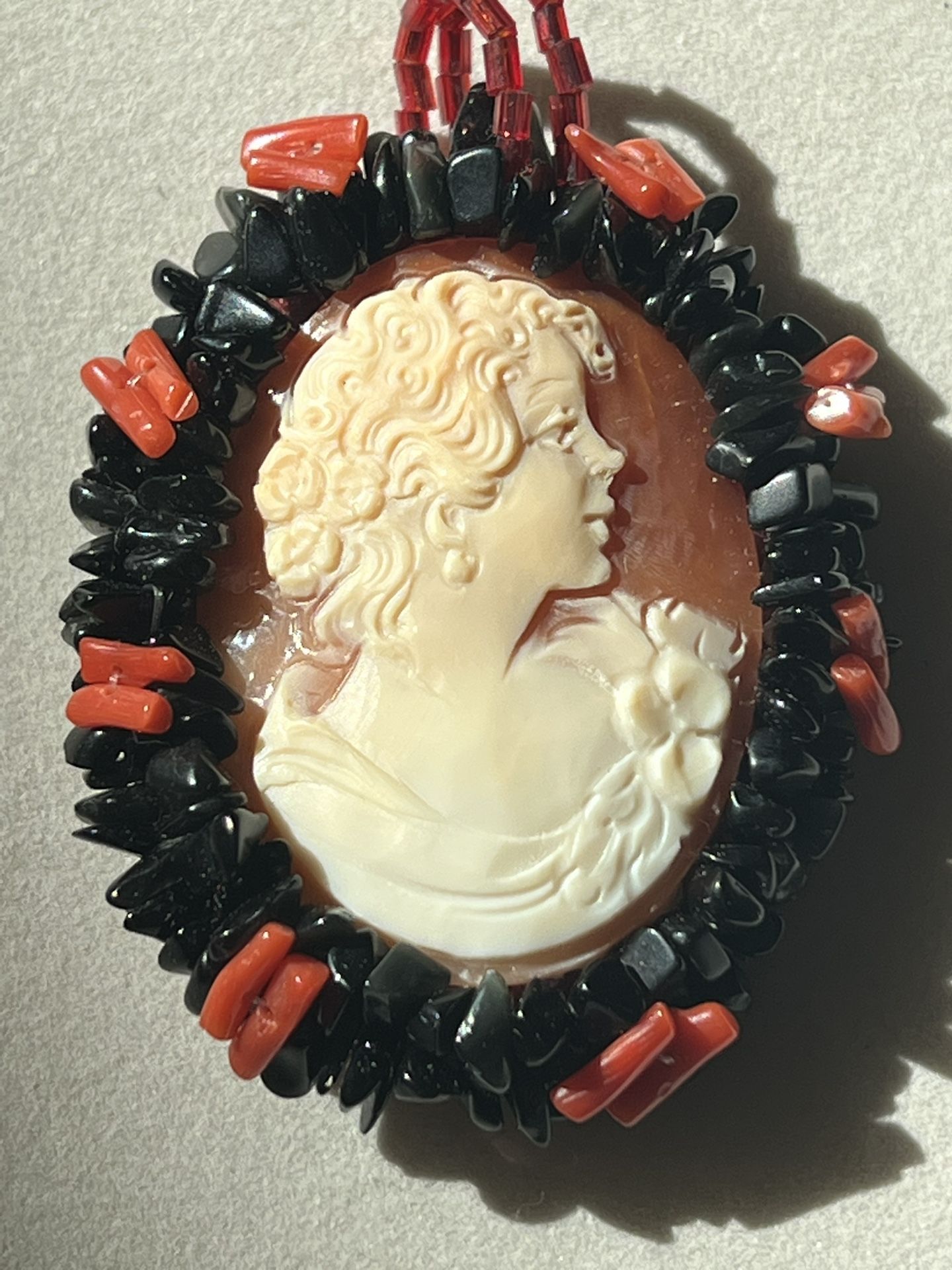Shell Cameo Pendant With Red Coral
