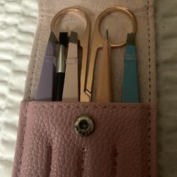 Leather Case, Holding For Tweezers, One Pair Of Scissors And One Cleaning Brush