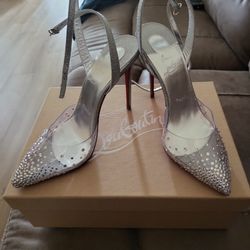 Size 7 Silver/clear/glitter Women's Louboutin Spikaqueen Heels.