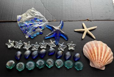Ocean Theme Crafting Lot, Glass Seashells, Starfish, Marbles, Seashells, manualidades marina conchas vidrio, estrellas de mar, canicas, conchas marina