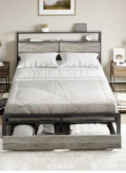 Gray Queen size bed frame with head board lighting and a 110 volt  outlet.