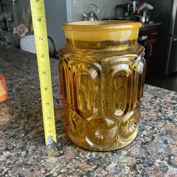 L.E. SMITH MOON AND STAR AMBER CANISTER STORAGE GLASS CONTAINER 8”