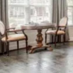 Wood inlay occasional table with hand crafted leather chairs