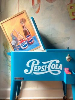 Vintage blue Pepsi-Cola portable cooler (insulated chest) from the 1950s, used.