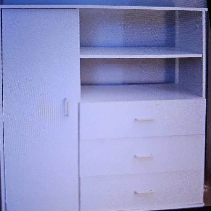 White Storage Unit Dresser w/ drawers, shelves, bookcase