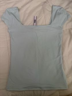PINK Light Blue Square Neck Cap Sleeve Top