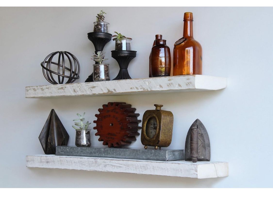 Reclaimed Wide Plank Barn Wood with Floating Brackets | Set of 2 (White Wash, 36"x 7"x 2")