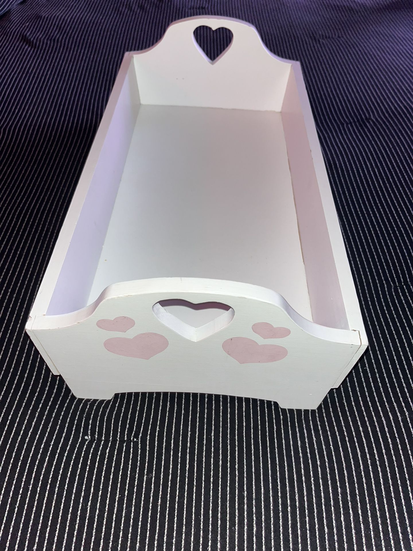 Vintage Doll Bed, White with Pink Hearts on Ends! 20 Inches Length by a bit over 10.5 Inches Wide.
