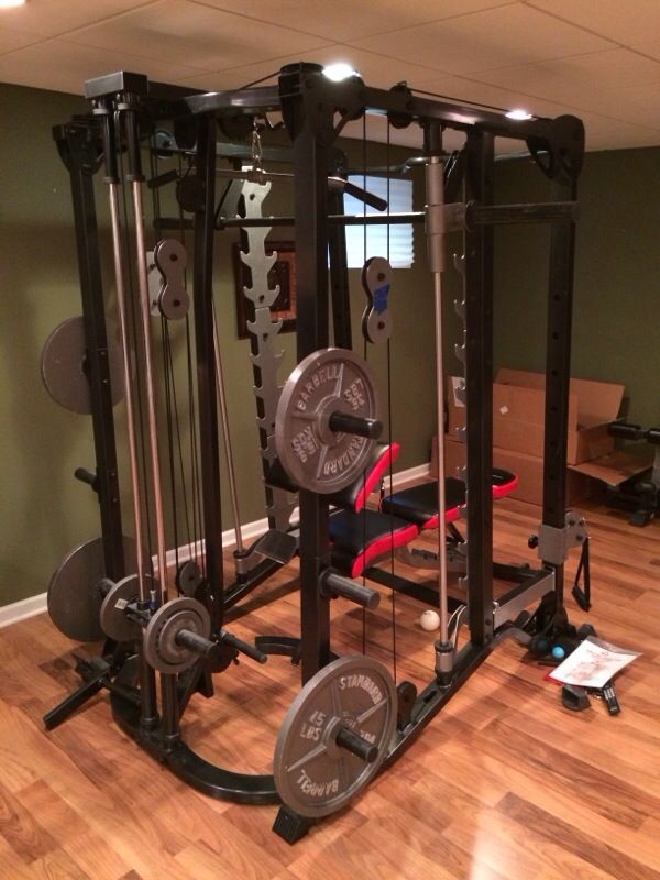 Fitness Gear Ultimate Smith Functional Trainer & Fitness Gear Utility Bench & weights shown