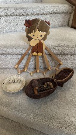 Handmade Decor - Wooden Girl Wall Hook, Rattan Duck Basket & Ceramic Bird Dish