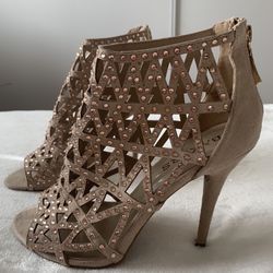 Bakers, Dolleen Caged Ankle Bootie, Open Toe, Color: Nude With Light Pink Rhinestones, Size: 7.5