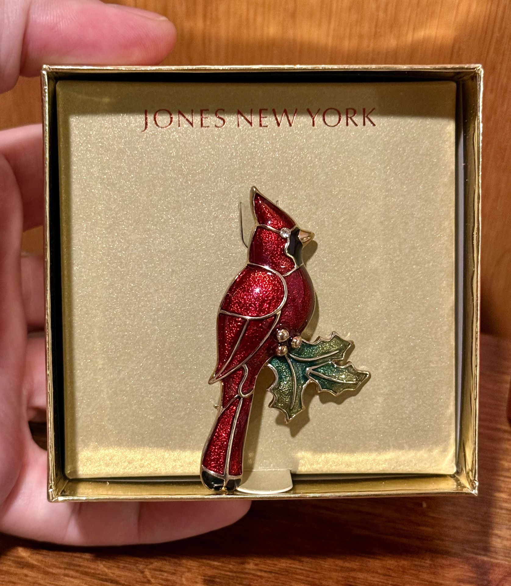 JONES NEW YORK Christmas Brooch Pin Red Cardinal Rhinestone Enamel Holly Leaf