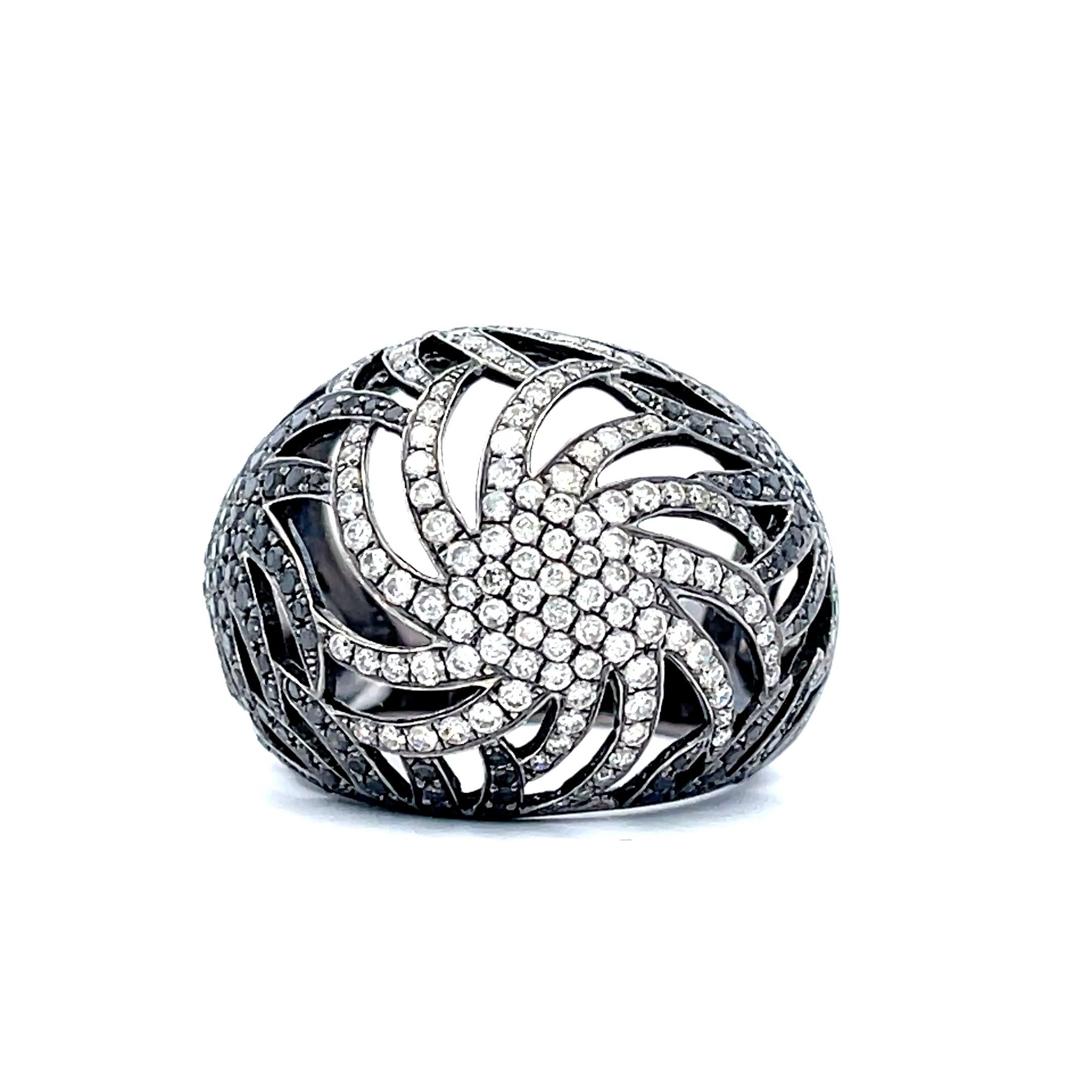 14K White Gold 1.00CTW Black Diamond and 0.98CTW White Diamond Fashion Swirl Ring