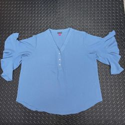 Vince Camuto Flutter Sleeve Henley Blouse Top Ruffle Button Light Blue Womens 2X