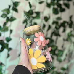 Flower Glass Cup 16oz with Straw, Lid, and Straw Cleaner! 