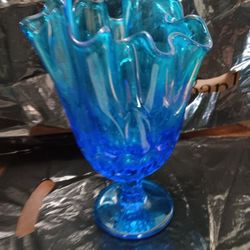 Vintage Blue Pedestal Thumbprint Handkerchief Vase Dish