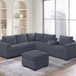 GREY CORDUROY SECTIONAL WITH USB/STORAGE CONSOLE
