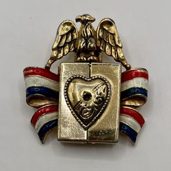 Patriotic WWII Gold Metal Sweetheart RWB Eagle Heart Fur Clip Pin Brooch