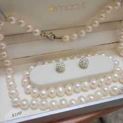 Macy's White Cultured Pearl And Crystal Necklace Set - SS 6-7mm CFWP Crystal