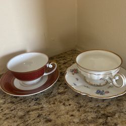 2 Vintage Tirschenreuth Bavaria Cup Saucer Sets Ambassador 1429 Floral Gold