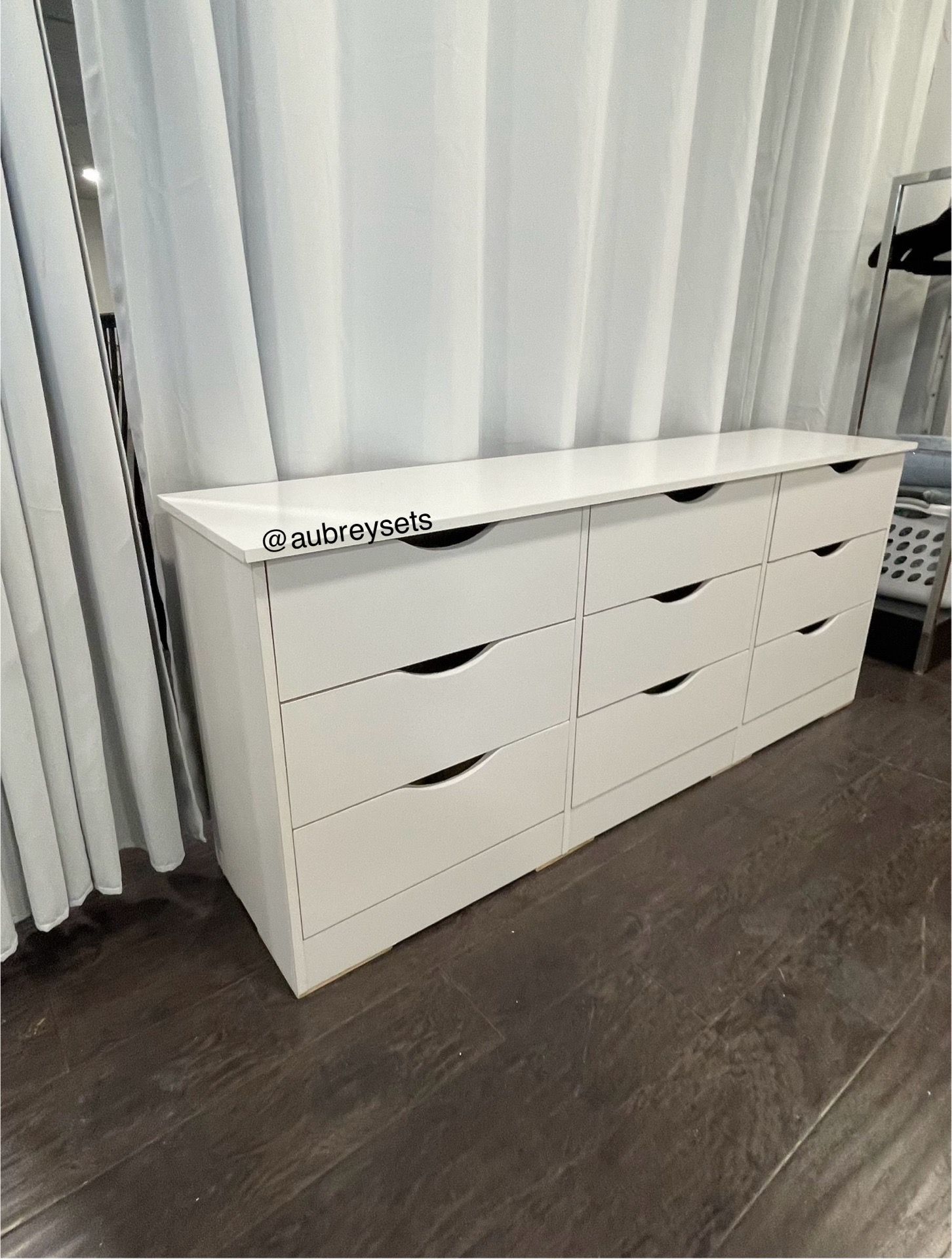 White 9 drawer dresser with rails
