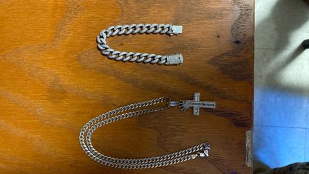 Silver Cuban Link Chain Cross Necklace and Bracelet Set