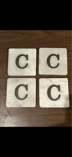 Natural White Marble Monogram Coasters (Set of 4) - Letter “C”