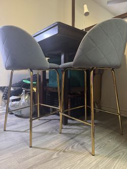 Set of 2 Modern Upholstered Bar Stools with Gold Metal Legs – Gray Velvet