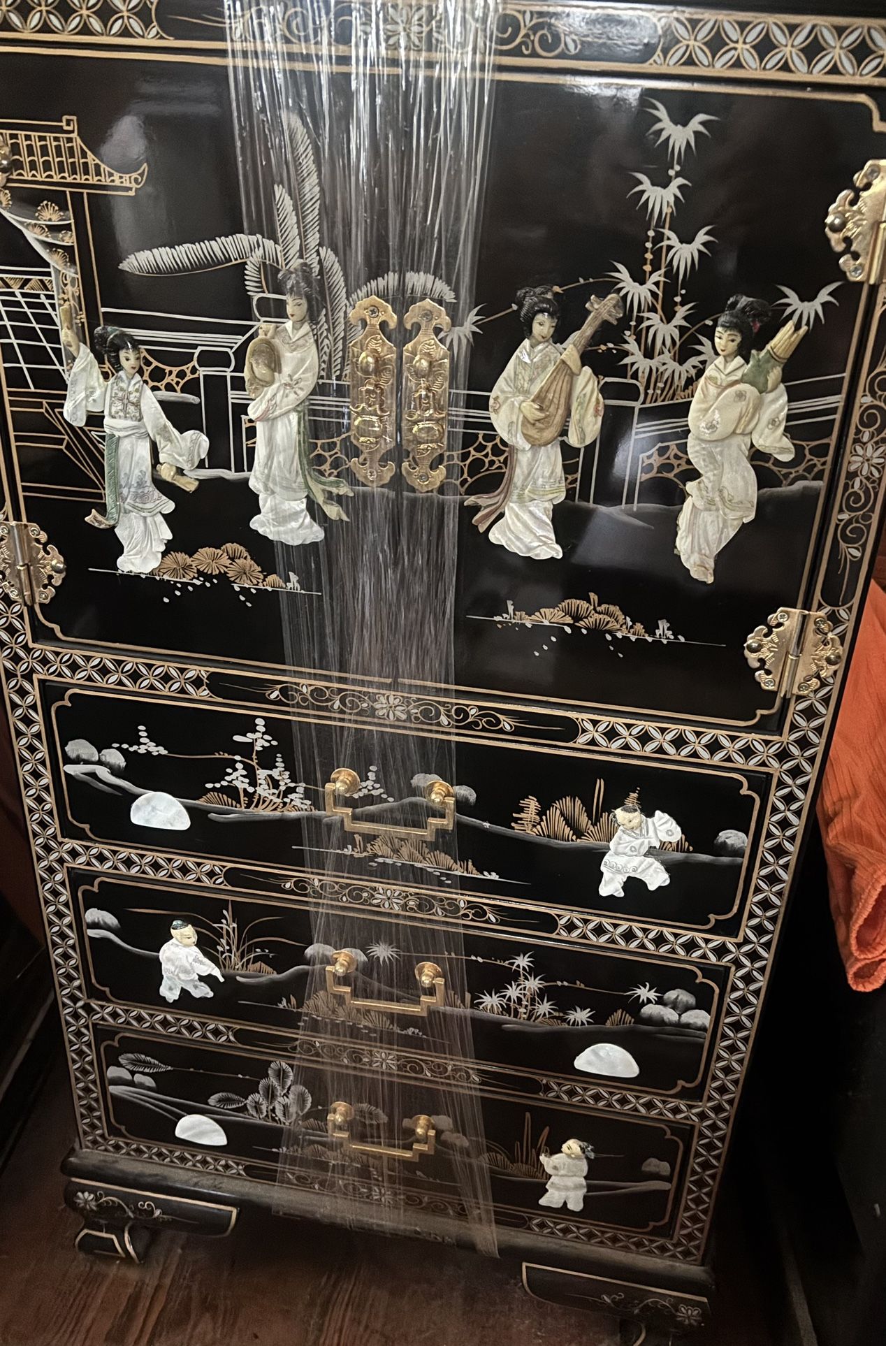Black Lacquer Mother of Pearl Chinese Jewelry Armoire 