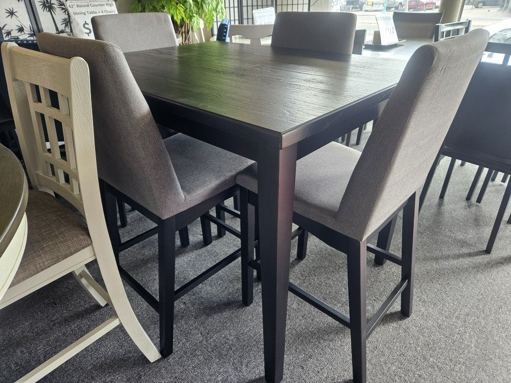 Brand New Black Or Brown Counter High Dining Table (42×42"×36) + Four 24" High Gray Linen Chairs
