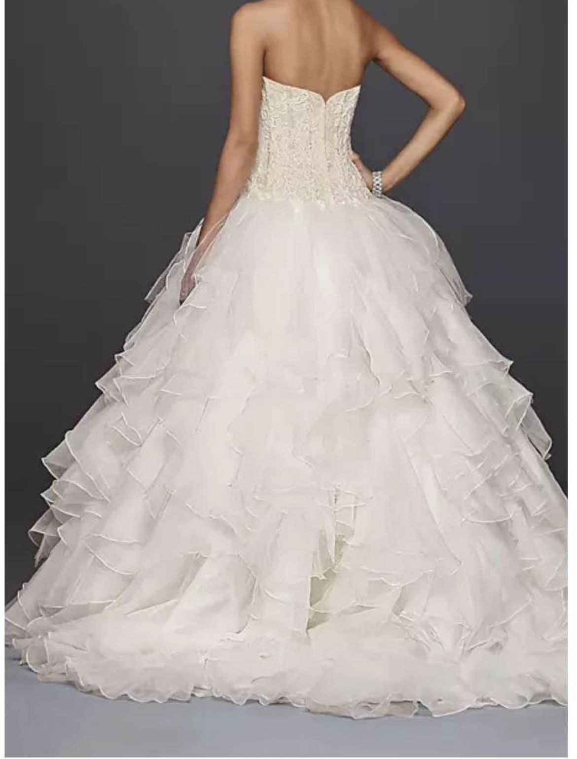 Oleg Cassini, Petite Organza Ruffle Skirt Wedding Dress  size 12 (but can extend larger due to corset back!)