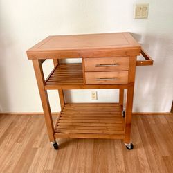Bamboo Kitchen Island Cart Rolling Utility Prep Table Trolley 2 Drawer Shelves