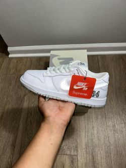 Supreme Nike SB Dunk Low 94 White Metallic Silver HQ8487-100 In Hand