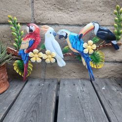 Set of 4, Metal Tropical Birds Sit on Tree Branch, Wall Hanging, Wall Decor