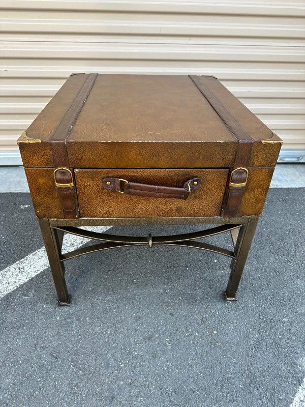 Leather suitcase side table/ end table with iron legs and storage drawer