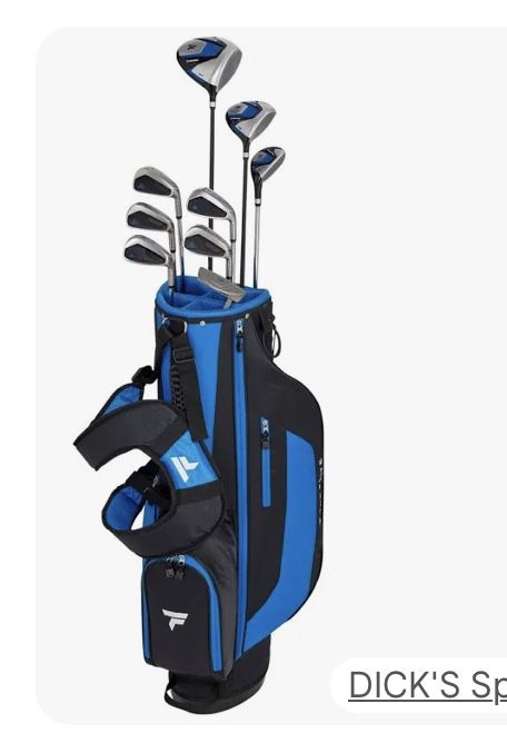 Selling a bag of golf clubs. Comes with 11 golf clubs. The bag has a carrying handle and a big pocket with a zipper.