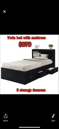 Twin bed with mattress with 3 storage drawers