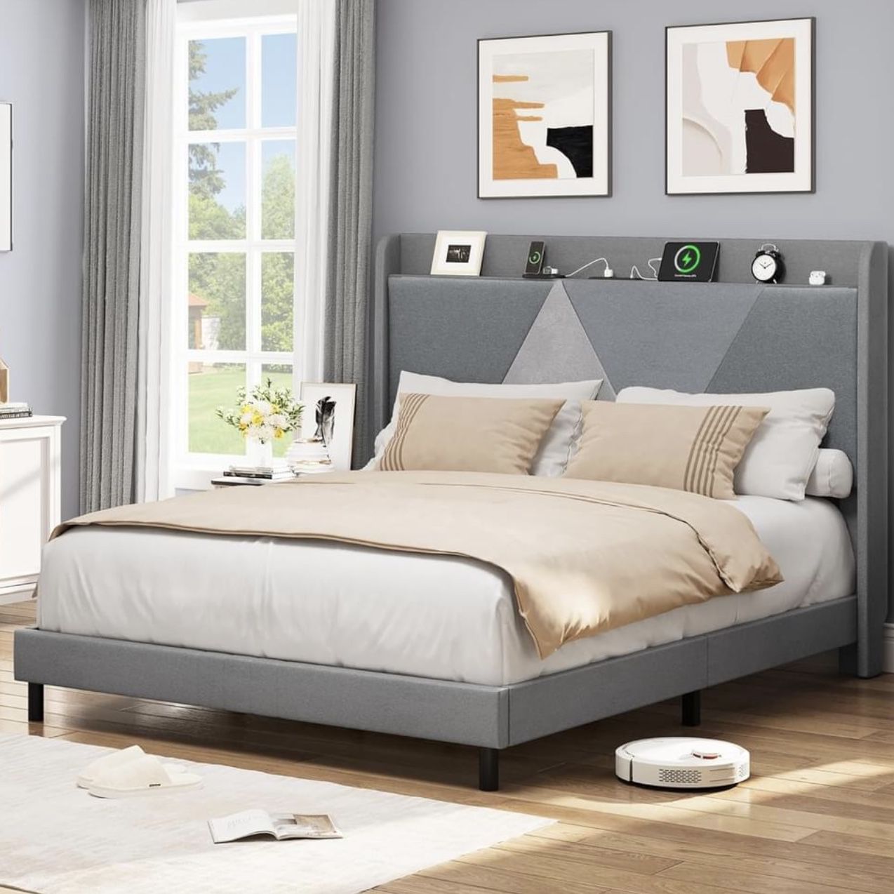 UPHOLSTERED QUEEN BED FRAME WITH TYPE-C And USB PORTS BRAND NEW IN BOX!!!