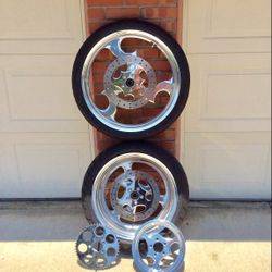 Harley Set Of Custom Wheels,  With  Belt Drive Pulley And Chain Sprocket 