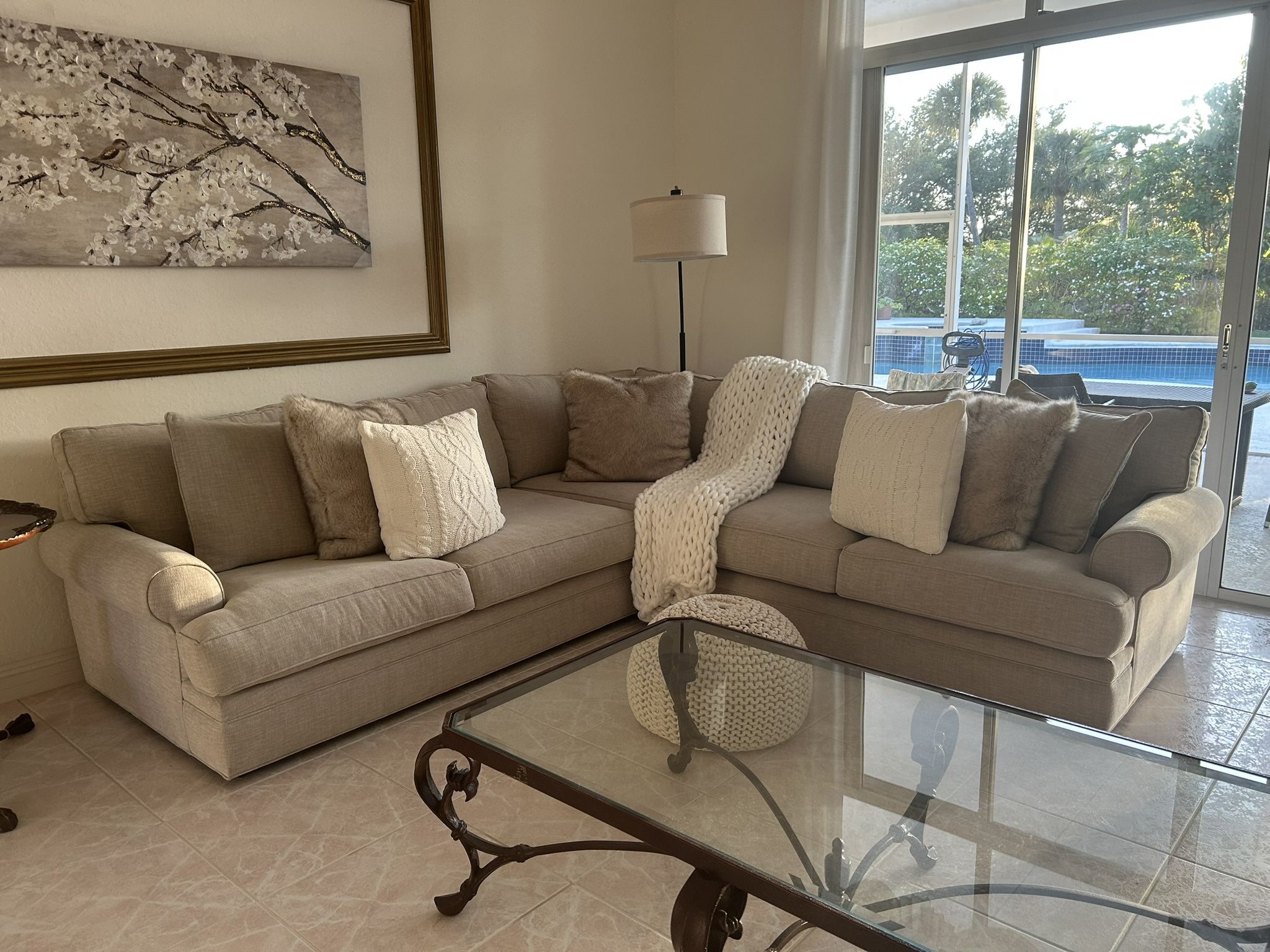 New Cindy Crawford 3 piece Sectional Couch (less than 1 year old) with Decorative Pillows.