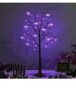Twinkle Star Halloween Tree, 4FT Halloween Decoration Black Spooky Tree Glittered with 48 LED Purple Lights and 12 Bats, 24V 3.6W Low Voltage Artifici Thumbnail