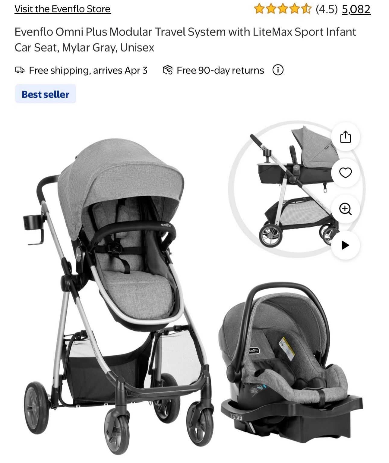 Evenflo Omni Plus Modular Travel System with LiteMax Sport Infant Car Seat, Mylar Gray, Unisex