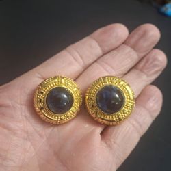 Christian Dior Clip On Earrings Featuring A Round Gold-plated Textured Frame W/Beautiful Faux Sapphire Blue Glass Cabochon, Stamped Chr. Dior Vintage 