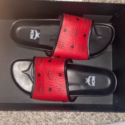 Ruby red mcm leather monogram slides size 45