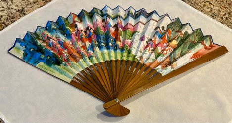 Vintage Chinese Two Sided Folding Hand Painting and Calligraphy Bamboo Frame Cooling and Decorative Fan