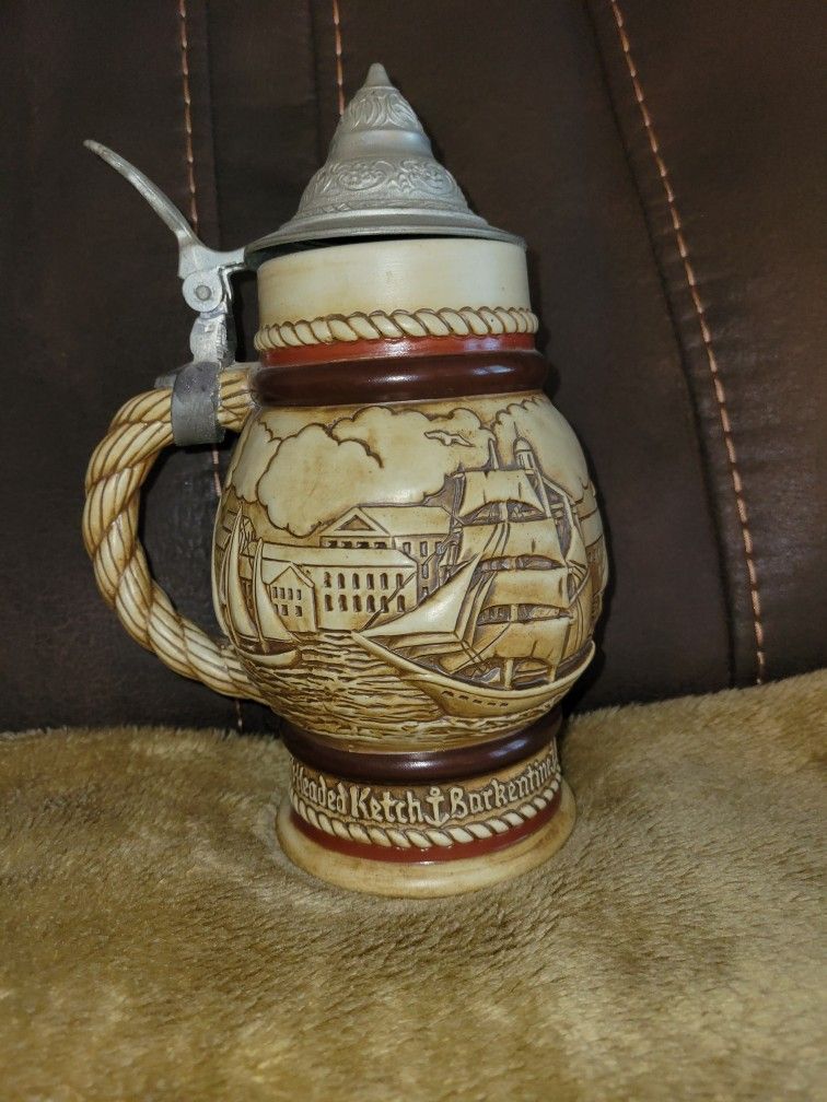 1977 Avon Collectible Beer Stein with Pewter Lid, Sailing Ships, Handcrafted in Brazil, Schooner, Bark, Brig, Ketch, Ceramarte